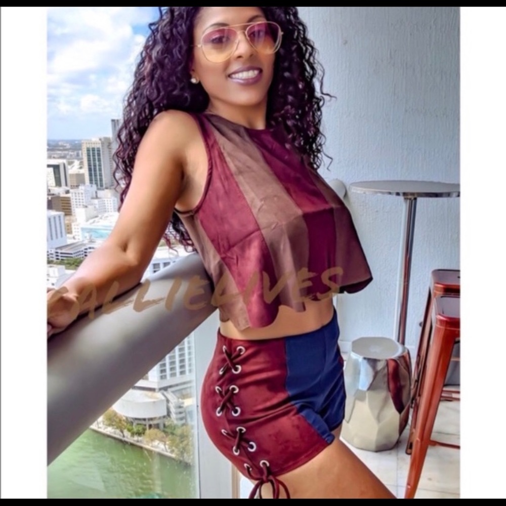 BROWN Faux Suede Scalloped Crop Top